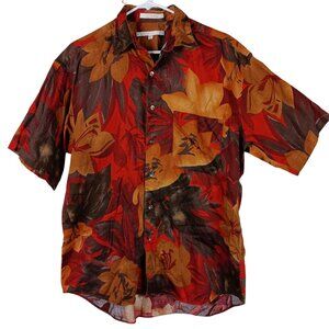 Vintage Perry Ellis Floral Button Up Shirt Size M Short Sleeve Autumn Leaves